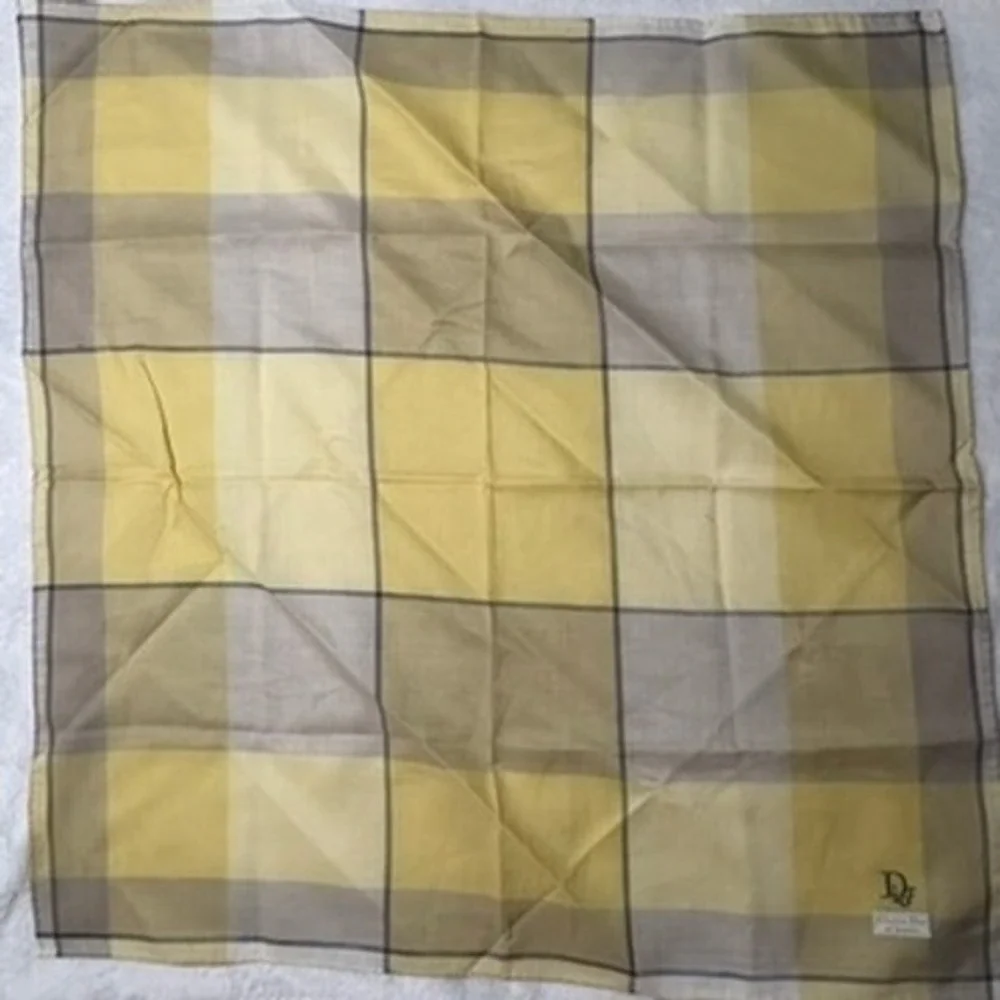 Vtg CHRISTIAN DIOR Scarf Handkerchief Plaid Yellow 18.5